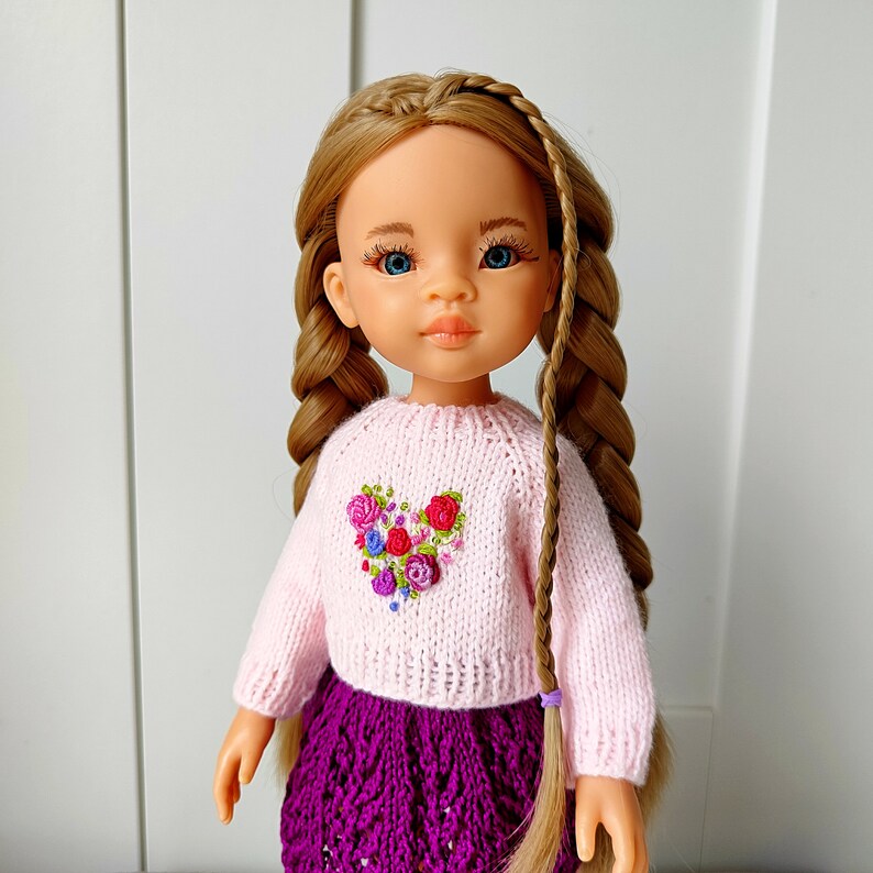 Sweater for Paola Reina Doll With Floral Embroidery, 13 Inch Doll