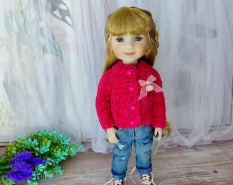 Jas voor robijnrode modevrienden met schapenbroche, 14 inch poppenkleertjes