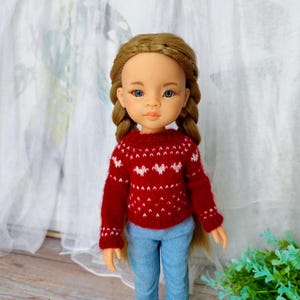 Trui voor Paola Reina-pop met geborduurd hart, 13 inch poppenkleertjes, Paola Reina-poppenkleding, Ruby Red Siblies, outfit voor pop