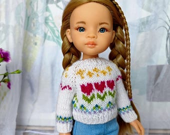 Ljus jacquardtröja till Paola Reina dockor, Tröja till 13-tums dockor, Paola Reina dockkläder, Rubinröd syskonoutfit, Little Darling