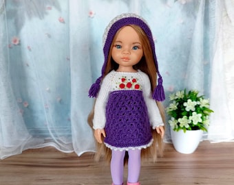 Wool Doll Outfit for Paola Reina 13 inch, Embroidered Purple Dress, Hat, Tights