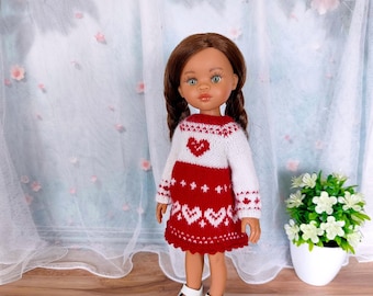 Ullklänning med hjärtmönster till Paola Reina docka, stickad outfit 33 cm