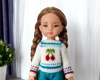 Körsbärströja till Paola Reina docka med broderi, dockkläder 33 cm, dockkläder till Paola Reina, rubinröda syskon, outfit till Paola Reina