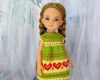 Knitted Summer Dress for Paola Reina Doll, Heart Pattern, 13 Inch Doll Clothes