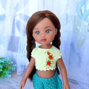 Chique geborduurde blouse met bloemen voor Paola Reina-pop, stijlvolle outfit voor 13 inch-poppen, Paola Reina-poppenkleding, swiater pop, robijnrode pop
