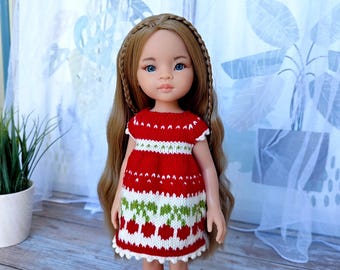 Handstickad körsbärsklänning till Paola Reina-docka 33 cm