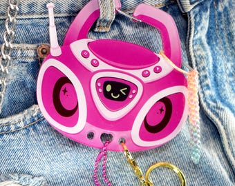 Pink Acrylic Carabiner Keychain, Y2K Nostalgia CD Player Radio Charm Holder