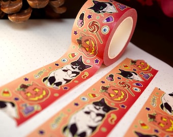 May include: A roll of decorative washi tape featuring a Halloween theme. The tape has a red and orange gradient background with illustrations of black and white cats, jack-o'-lanterns, candy corn, and other spooky elements. The tape is ideal for scrapbooking and crafting.