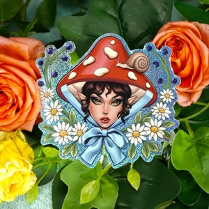 May include: A whimsical sticker featuring a mushroom-shaped hat with a face, surrounded by daisies and blueberries. The sticker has a blue bow and a snail on the mushroom. The artwork is set against a backdrop of orange and yellow roses and green leaves.
