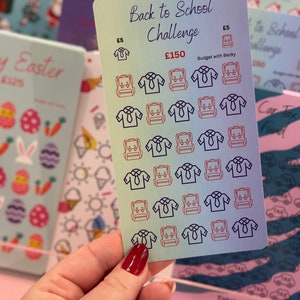 May include: A colourful card with the text "Back to School Challenge" and a budget of £150. The card has a grid of 24 icons, including shirts and backpacks, each worth £5.