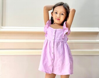 Toddler Girls Dress Viscose Linen Ruffle Buttons Sleeveless Kids Casual Party Dresses Viscose Linen Dress