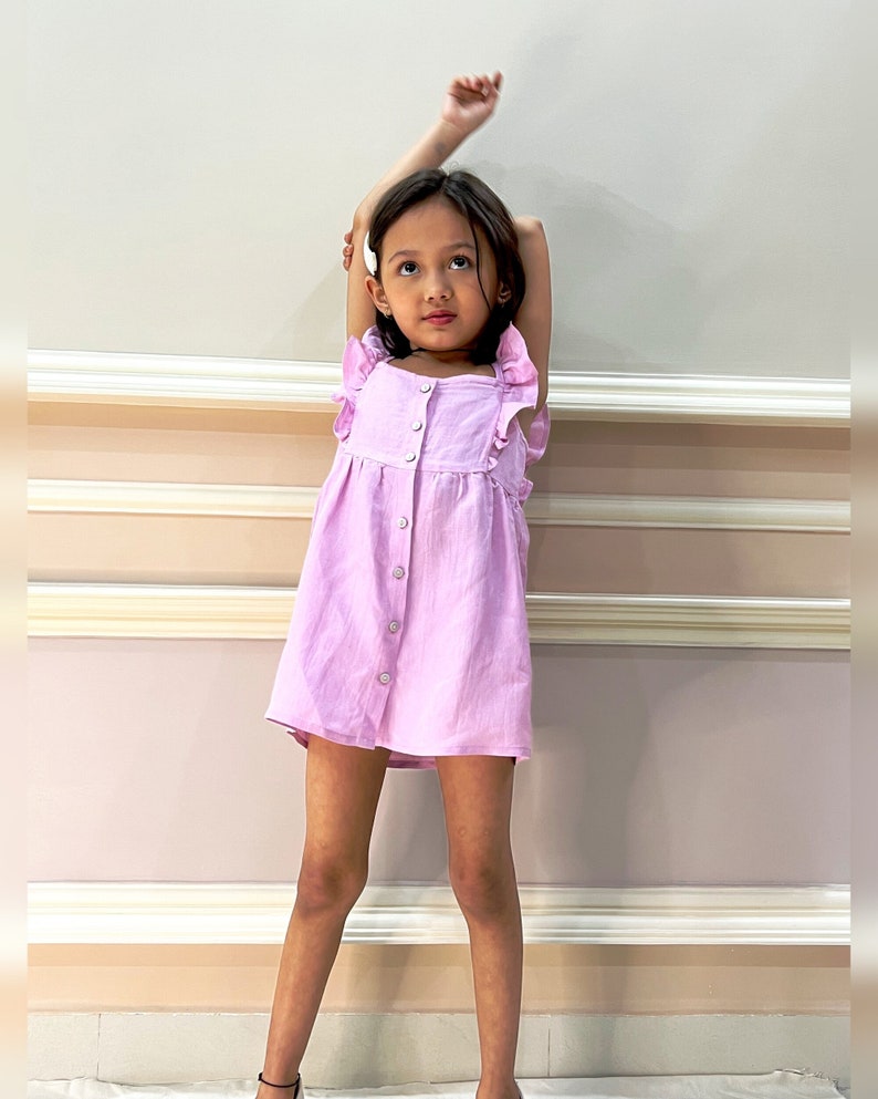 Toddler Girls Dress Viscose Linen Ruffle Buttons Sleeveless Kids Casual Party Dresses Viscose Linen Dress image 4