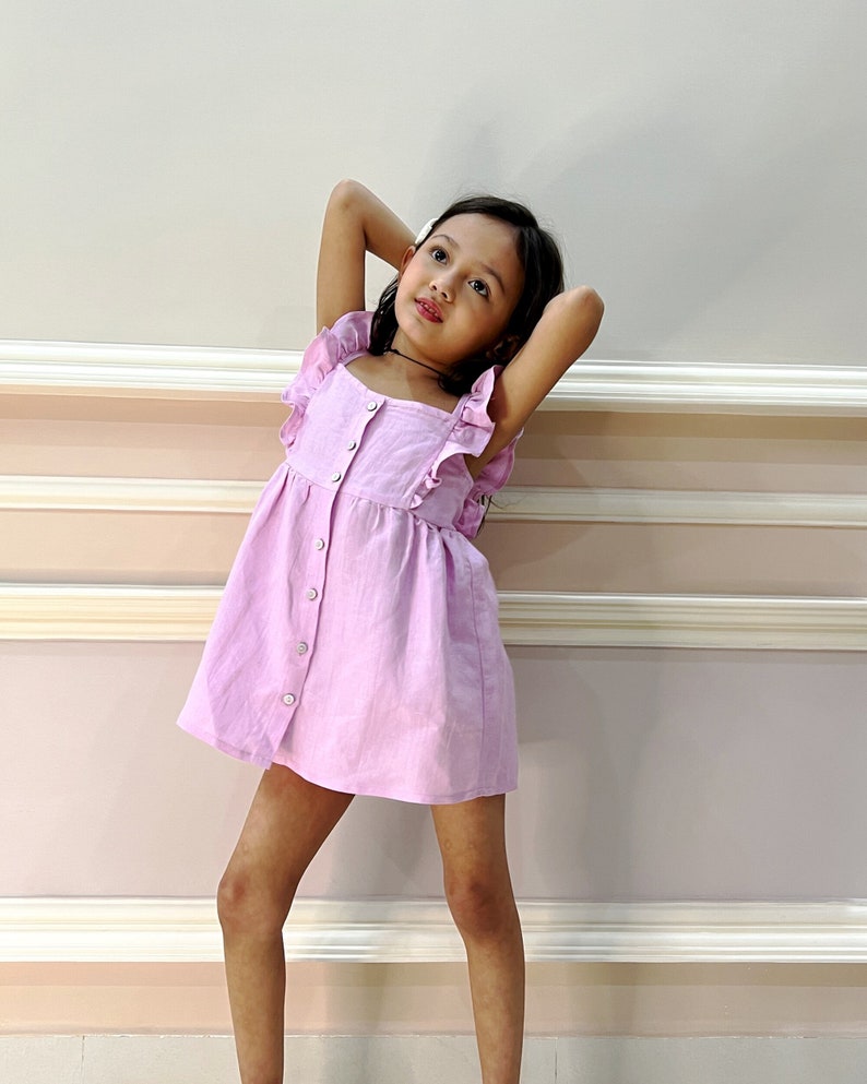 Toddler Girls Dress Viscose Linen Ruffle Buttons Sleeveless Kids Casual Party Dresses Viscose Linen Dress image 3
