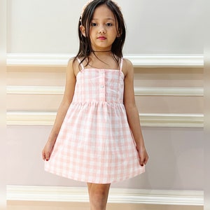 Kid/Toddler Gingham Cotton Girls Dresses Summer Girl Clothes Gingham Cotton Dress school party dress rainbow unicorn pink dress image 2