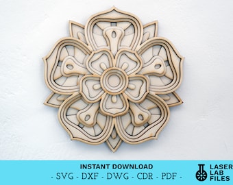 Disegno di fiori mandala a strati – File tagliato al laser (download digitale)