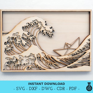 Digital file bundle - Layered Wall Art - The Great Wave - Multilayer design for laser cutting - dxf dwg svg cdr pdf - Instant Download
