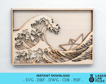 File di taglio laser a strati Great Wave – Arte murale 3D (download digitale)