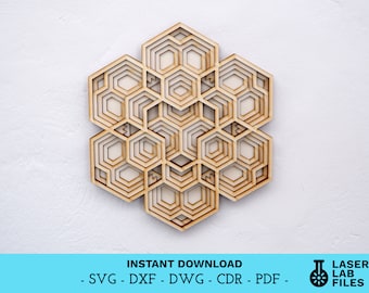 Mandala esagonale a strati - File tagliato al laser (download digitale)