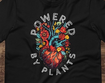 Powered By Plants Tee, corazón anatómico floral, camiseta vegana, estilo de vida basado en plantas, regalo vegano, activismo vegano, estilo vegano