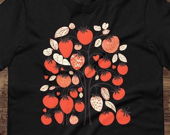 Strawberry Tee, arte minimalista boho, camisa de jardín, camisa botánica vegana