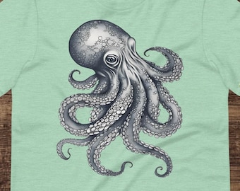 Vintage Octopus Tee, sea creature t-shirt, black and white graphic shirt, marine life, ocean lover gift