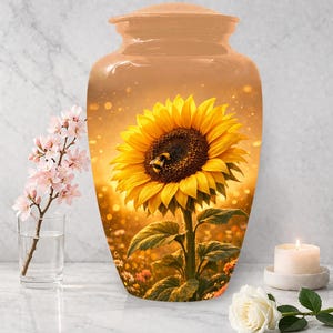 May include: A peach-colored urn with a large sunflower design. The sunflower is yellow with a dark brown center and a bee. The background is a golden field with bokeh. A candle, a rose, and a glass of pink flowers are in the foreground.