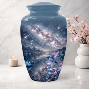 May include: A blue cremation urn featuring a detailed wrap-around print of a night sky with a starry galaxy, shooting stars, and distant mountains reflected in a calm lake. A vibrant purple and green hummingbird hovers near pink flowers.