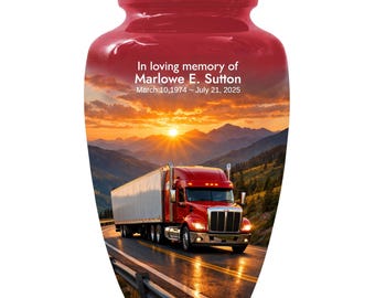 Red Truck Sunset Memorial Urn | Aluminum Cremation Urn for Ashes