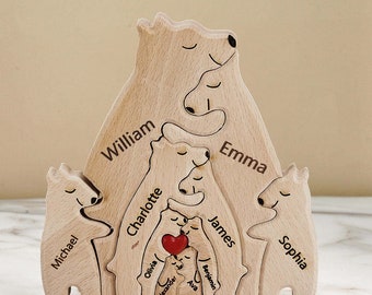 Personalisiertes Muttertagsgeschenk – Holzbärenfamilie mit 1 bis 8 Kindern / Familienbärenpuzzle / Holzbären mit Vornamen graviert