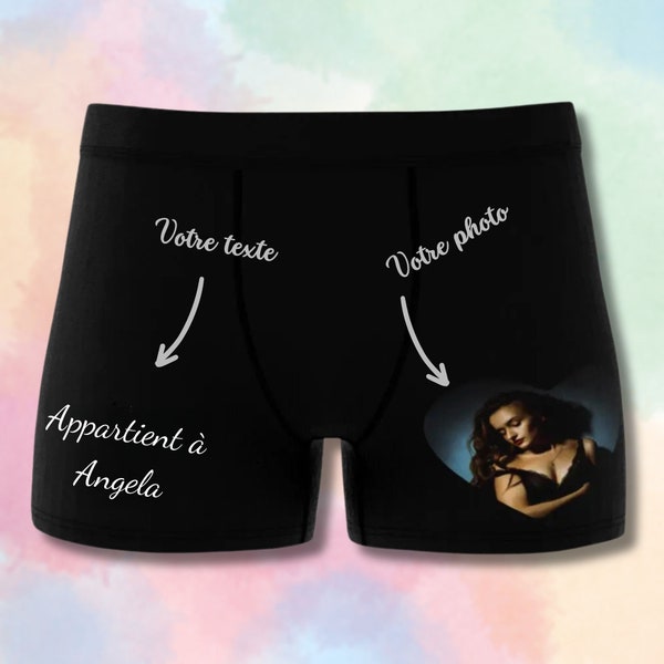 Boxer Personnalisé Sous-vêtement pour Homme +Votre Photo et Texte, Caleçon Personnalisé Boxer Cadeau Couple Saint-Valentin Cadeau pour Lui