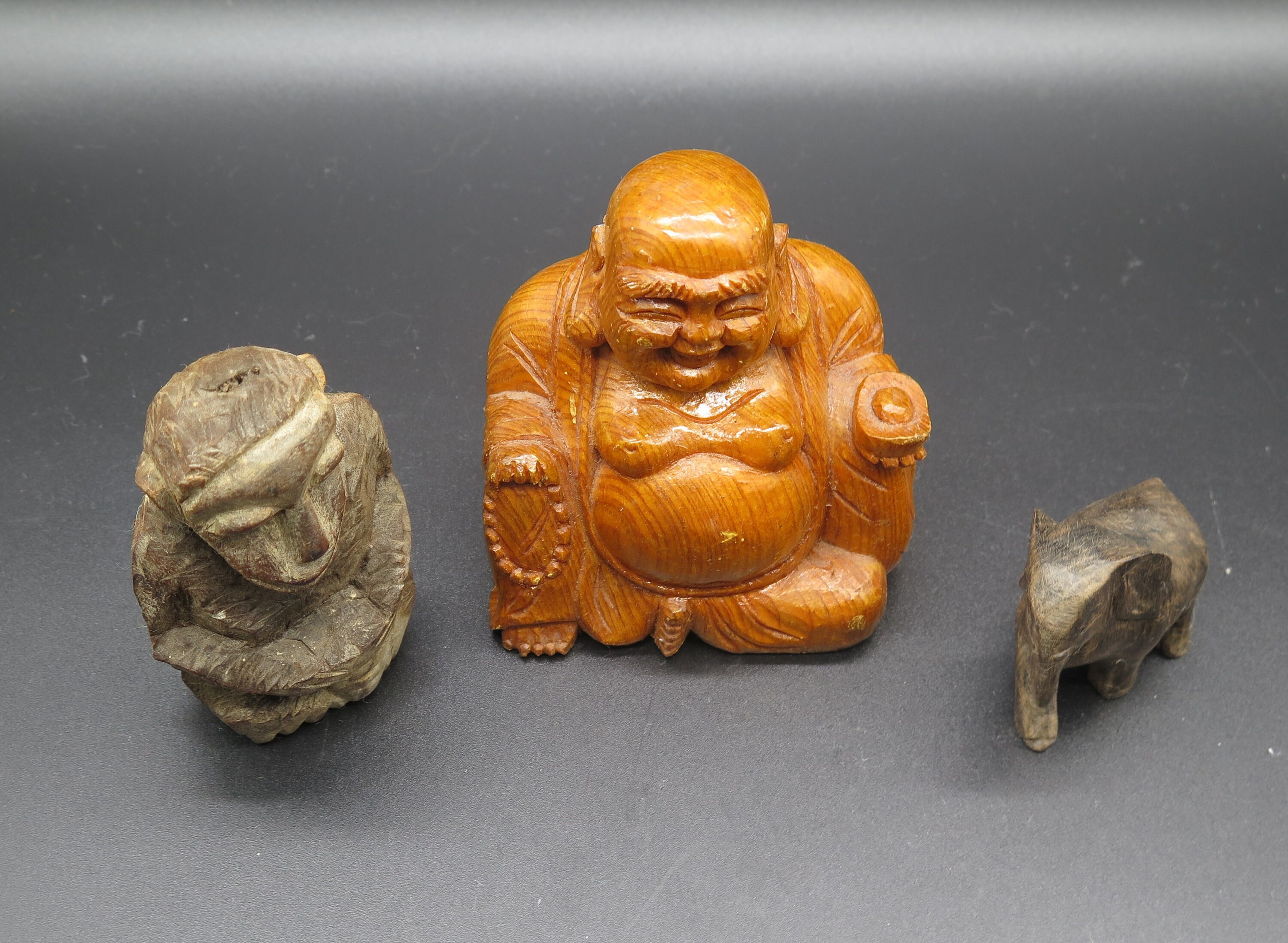 Set of 3 Vintage 3 Buddhist Wood Carved Figurines. Laughing Buddha, Monkey and Elephant Figure Made in Asia in the 50-70s