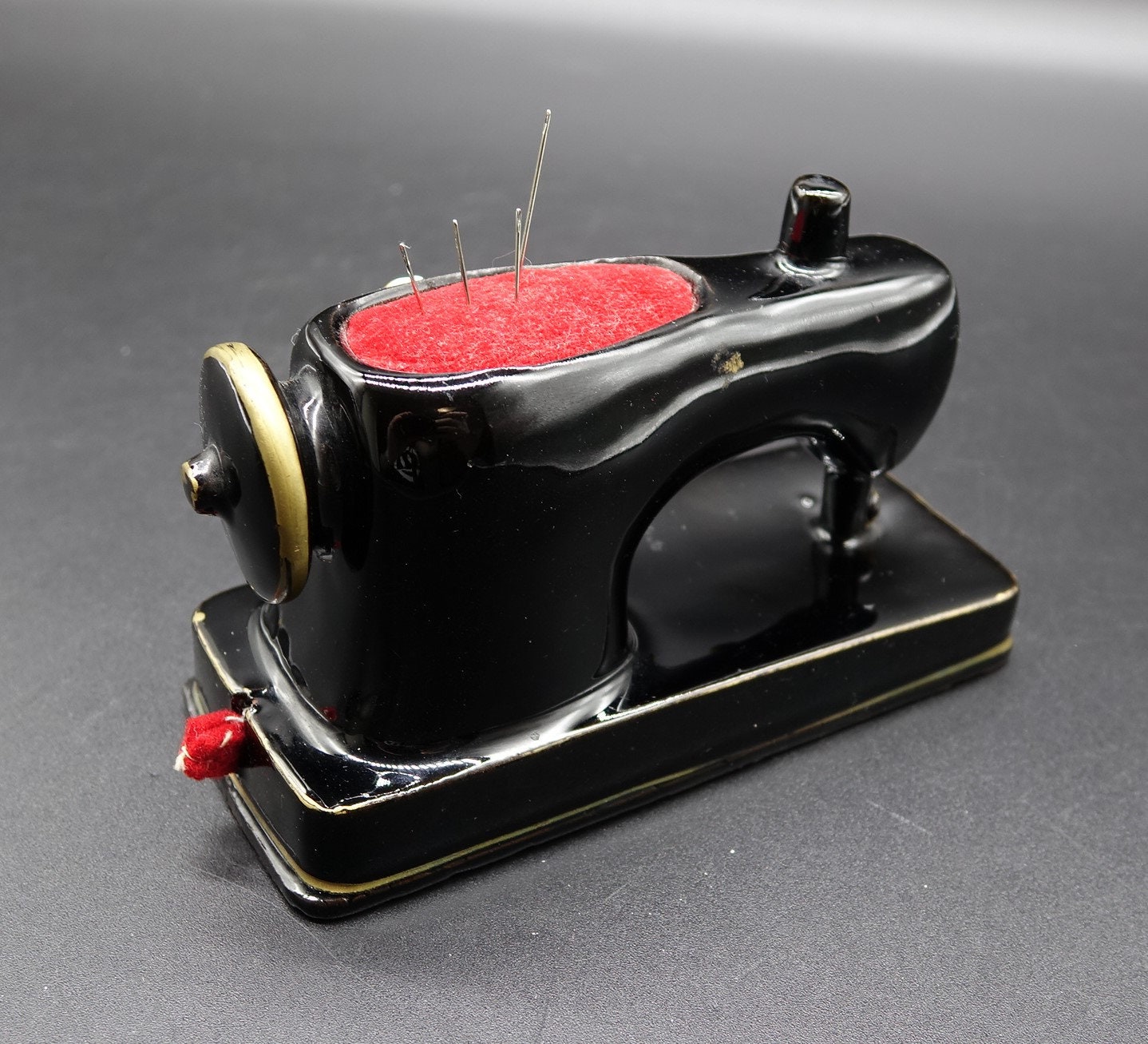 Vintage Ceramic Sewing Machine Pincushion With Built-in Tape