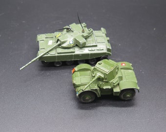 Set of 2 Vintage Army Vehicles The DINKY TOYS Armoured Car 670 Made in England and The ZYLMEX T402 Chief Tain Made in Hong Kong.