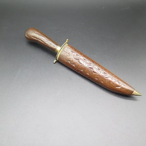 Vintage Handmade Indian Knife: Carved Wood Sheath, Brass Lock