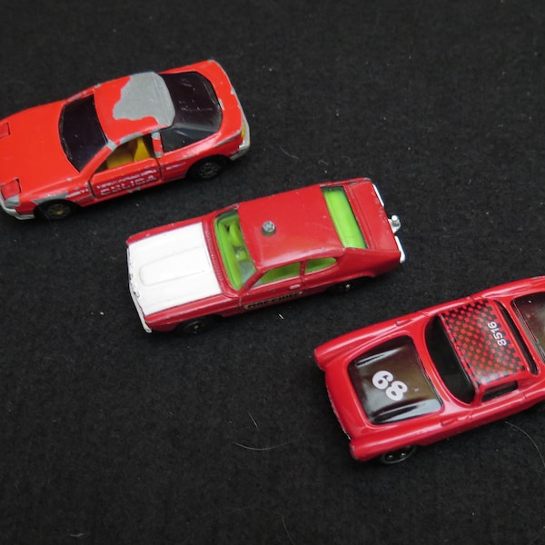 Lot of 3 Red Vintage cars The Majorette - Toyota Celica 2.0 Coupe, Corgi Jun Ford Capri Fire Chief and Summer Marz Karz 1957 Chevy Corvette