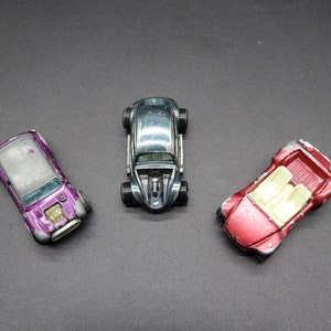Set of 3 Toy Cars The 1970 Topper Johnny Lightning Bug Bomb VW Beetle, Corgi Whizzwheels BVRT Vita Min 1300 Mini Cooper S and GP Beach Buggy
