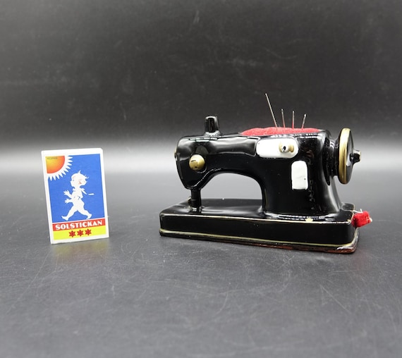 Vintage Ceramic Sewing Machine Pincushion With Built-in Tape