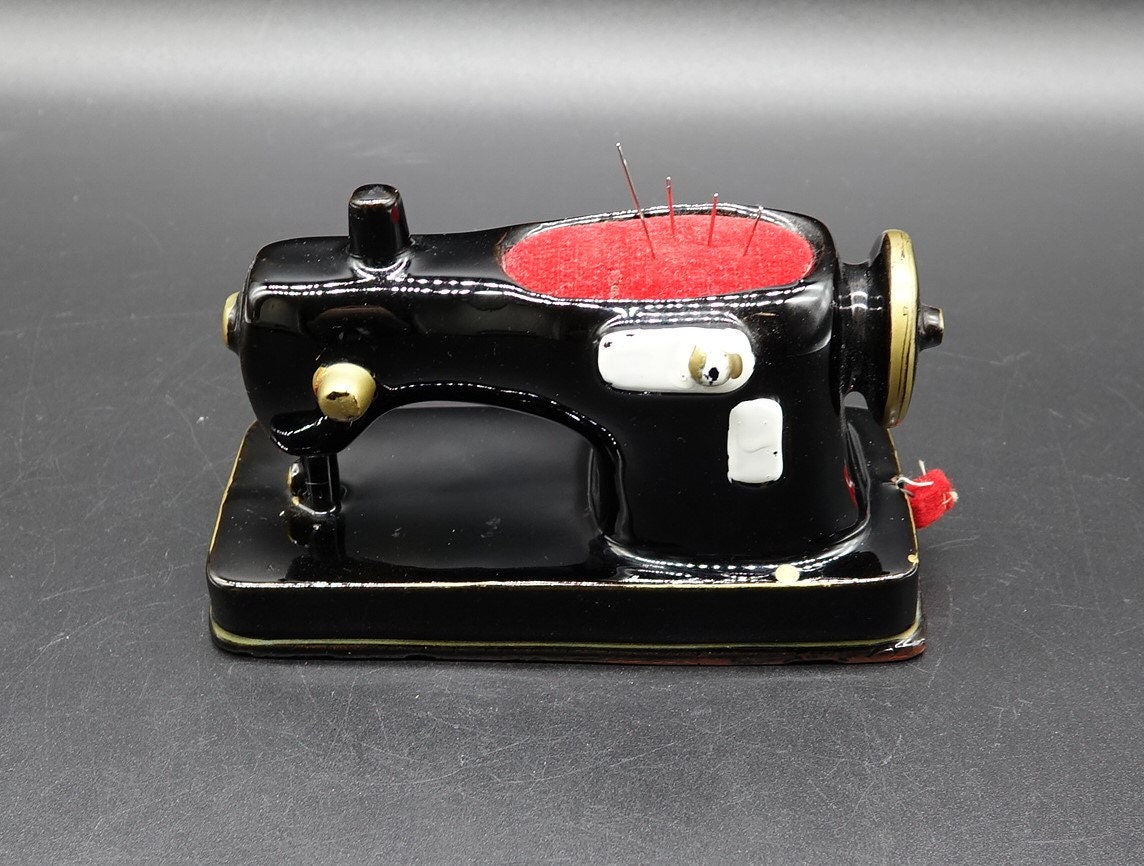 Vintage Ceramic Sewing Machine Pincushion With Built-in Tape
