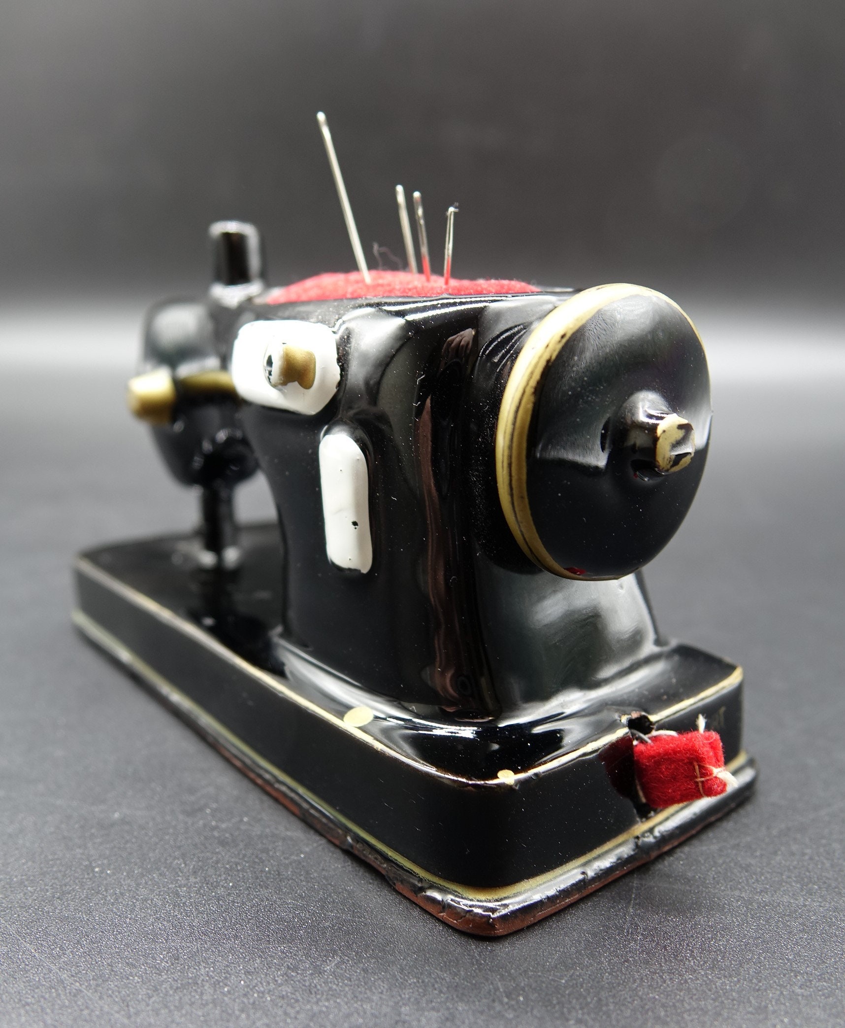 Vintage Ceramic Sewing Machine Pincushion With Built-in Tape