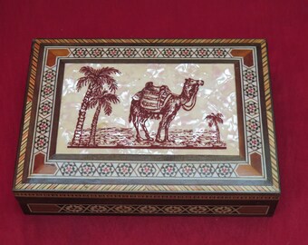 Vintage Inlaid Mother-of-pearl and Inlaid Wood Box. A Handmade Wooden Box / Jewelry Box in Wood with Camel and Palm motifs Handmade in Egypt
