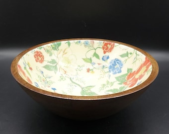 Vintage Mango Wood Bowl Enamel Fruit Serving Bowl. Segmented Wooden Center Piece Bowl / Fruit Bowl. Made in India 80-90s