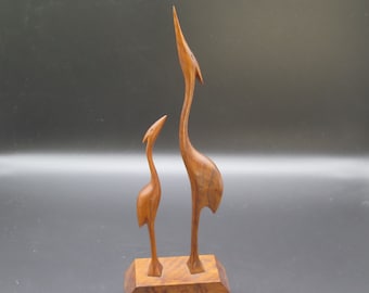 Vintage Woodcarving 1960s Mid-Century, Scandinavian Modern, Minimalist Teak Crane. Bird figurines in wood Made in Scandinavia.