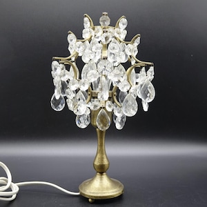 Vintage/Antique Brass and Crystal Table Lamp. Gold Metal Table Lamp with hanging crystals in Shape of a Tree. Mabb-Kristal AB Sweden 1950s