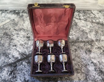 Vintage Brown Box with Set of 6 Silver Plated Goblets
