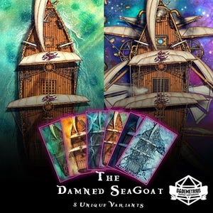 May include: A fantasy image featuring a steampunk airship with a wooden structure and multiple decks, set against a backdrop of a fantasy sky. Below, eight unique card variants are displayed, each with a different colour scheme and airship design. The text "The Damned SeaGoat" is visible.