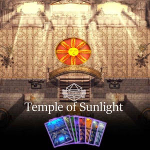 May include: A digital fantasy map titled "Temple of Sunlight" with a large sun emblem. The map features a detailed interior with stone architecture and a set of colorful cards at the bottom. The text "Temple of Sunlight" is displayed prominently.
