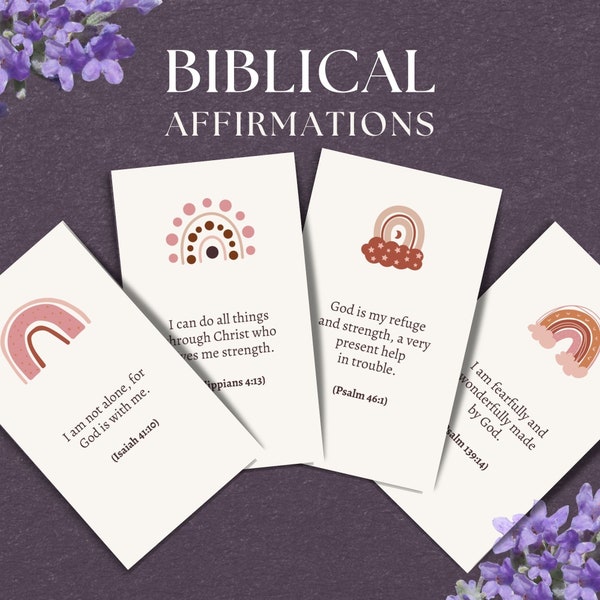 48 Biblical Affirmation Cards, INSTANT DOWNLOAD, Bible Verse Cards, Scripture Cards, Religious Card, Bible Cards, BOHO Rainbow - BC1