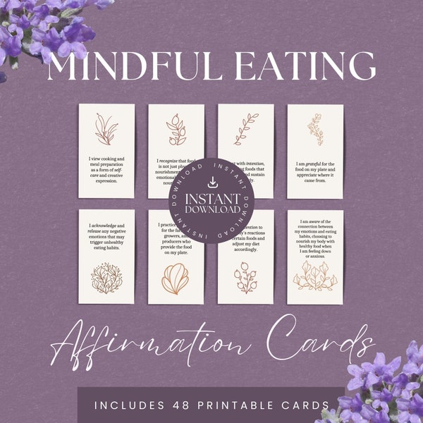 48 Mindful Eating Affirmation Cards, INSTANT DOWNLOAD, Mindfulness Cards, Meal Cards, Daily Affirmations Card Deck, BOTANICAL - LA1