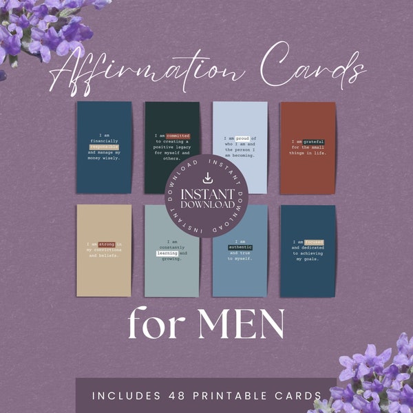 48 Affirmation Cards for Men, INSTANT DOWNLOAD, Affirmations for Men, Gifts for Men, Printable Card Deck, Men Gifts Ideas, MINIMALIST - MC1