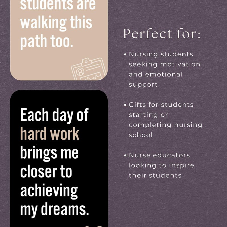 May include: A motivational quote card with a black background and white text that reads "Each day of hard work brings me closer to achieving my dreams." The card also includes a quote about nursing students seeking motivation and emotional support.